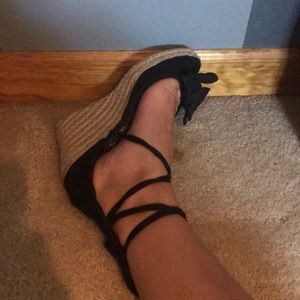Lace up black wedges